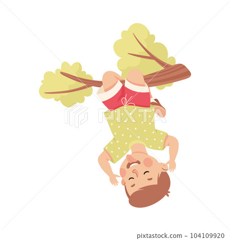 Little Boy Hanging on Tree Branch and Show Grimace Having Bad Behavior Vector Illustration 104109920