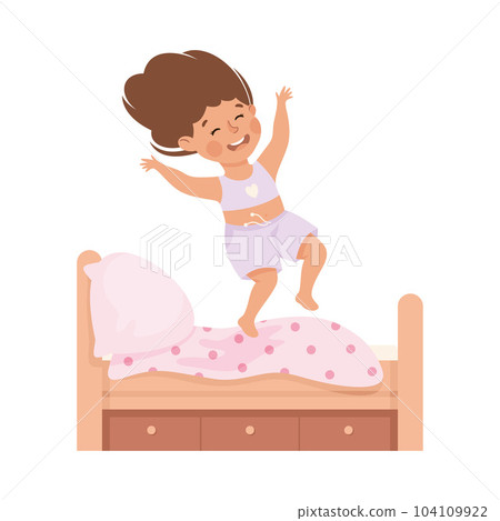 Little Girl Jumping on Her Bed Having Bad Behavior Vector Illustration 104109922