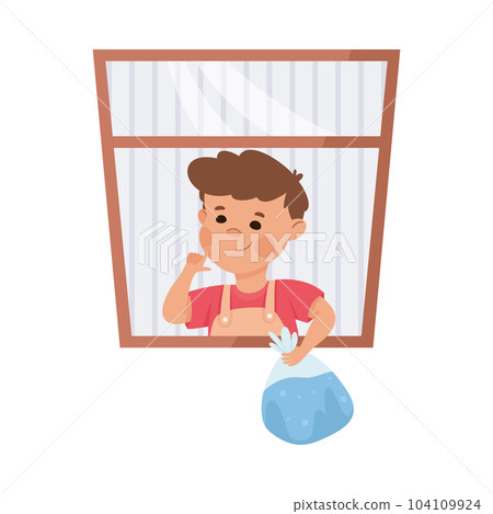 Little Boy Drop Water Bag from Window Having Bad Behavior Vector Illustration 104109924