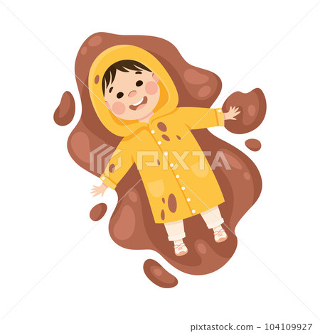 Little Boy Lying in Mud in Coat Having Bad Behavior Vector Illustration 104109927