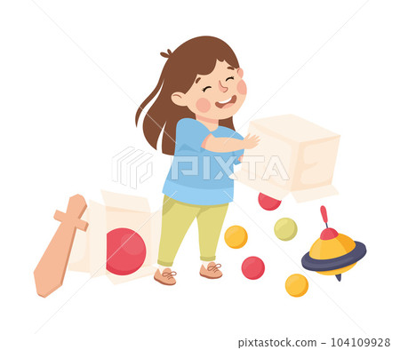 Little Girl Throwing Toys Around Having Bad Behavior Vector Illustration 104109928