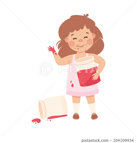 Little Girl Eating Sweet Jam from Jar with Hands Having Bad Behavior Vector Illustration Little Girl Eating Sweet Jam from Jar with Hands Having Bad Behavior Vector Illustration 104109934