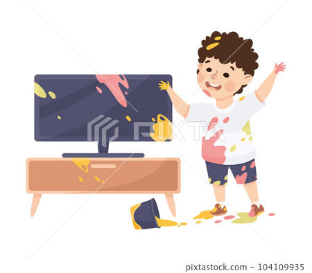 Little Boy Splashing Paints Around Having Bad Behavior Vector Illustration Little Boy Splashing Paints Around Having Bad Behavior Vector Illustration 104109935