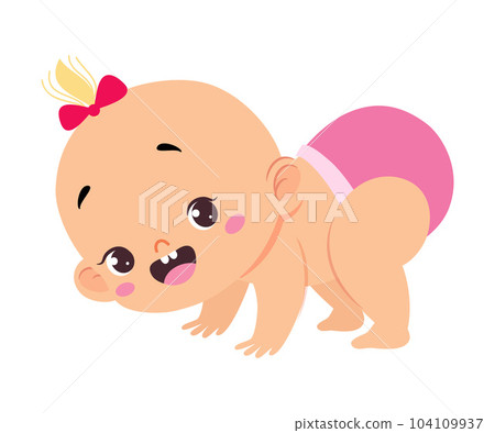 Cute Little Baby Girl or Infant in Pink Diaper Try to Stand Vector Illustration 104109937