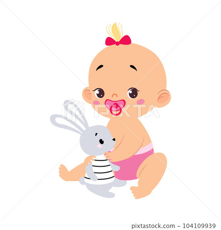 Cute Little Baby Girl or Infant in Pink Diaper Playing with Bunny Toy Vector Illustration Cute Little Baby Girl or Infant in Pink Diaper Playing with Bunny Toy Vector Illustration 104109939