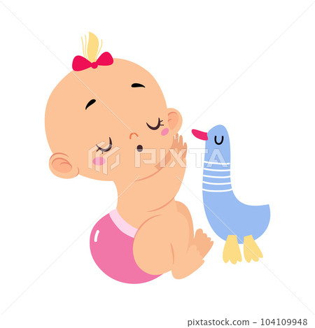 Cute Little Baby Girl or Infant in Pink Diaper Playing with Toy Vector Illustration Cute Little Baby Girl or Infant in Pink Diaper Playing with Toy Vector Illustration 104109948