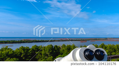 panoramic binoculars at Divjake-Karavasta National Park in Albania. Beautiful landscape. travel concept panoramic binoculars at Divjake-Karavasta National Park in Albania. Beautiful landscape. travel concept 104110176