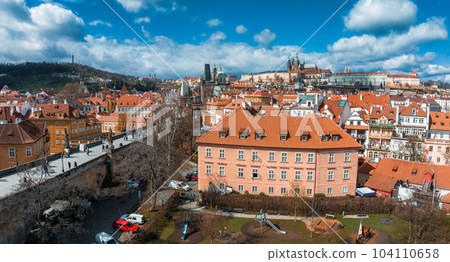 Scenic spring panoramic aerial view of the Old Town pier architecture and Charles Bridge over Vltava river in Prague, Czech Republic Scenic spring panoramic aerial view of the Old Town pier architecture and Charles Bridge over Vltava river in Prague, Czech Republic 104110658