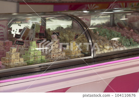 Wide selection of nougats in a candy shop 104110676