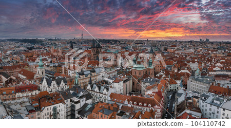 Panoramic aerial view of old Town square in Prague on a beautiful summer day, Czech Republic. Church of our Lady before Tyn and Prague Astronomical Clock Tower 104110742