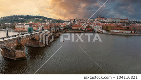 Scenic spring panoramic aerial view of the Old Town pier architecture and Charles Bridge over Vltava river in Prague, Czech Republic 104110821