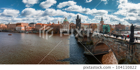 Scenic spring panoramic aerial view of the Old Town pier architecture and Charles Bridge over Vltava river in Prague, Czech Republic Scenic spring panoramic aerial view of the Old Town pier architecture and Charles Bridge over Vltava river in Prague, Czech Republic 104110822