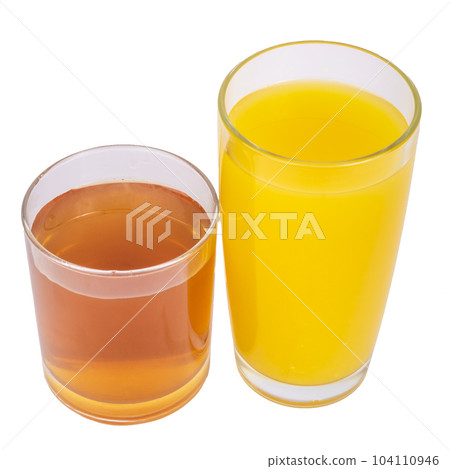 Two glasses of fresh orange and apple juice isolate 104110946
