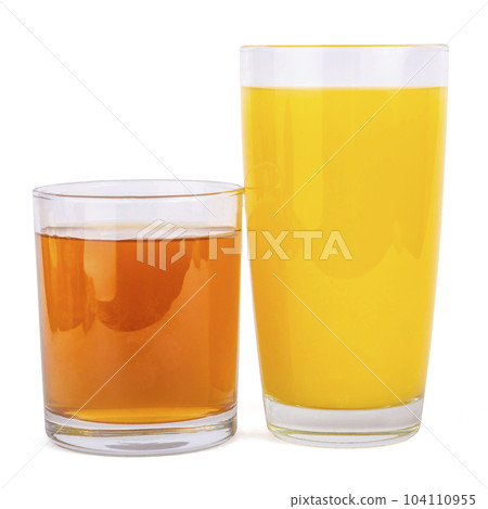 Two glasses of fresh orange and apple juice isolate 104110955