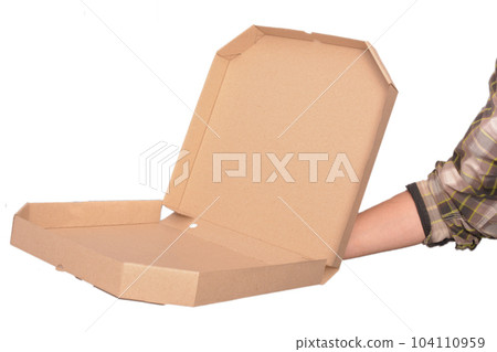 Male hand with pizza box on white background isolate 104110959