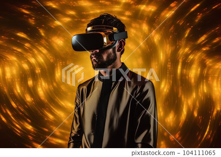 Modern man in a black futuristic costume with golden elements in virtual reality glasses on a golden background AI 104111065