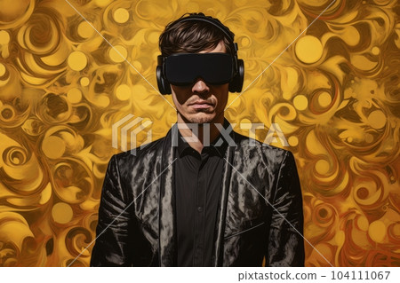 Modern man in a black futuristic costume with golden elements in virtual reality glasses on a golden background AI 104111067