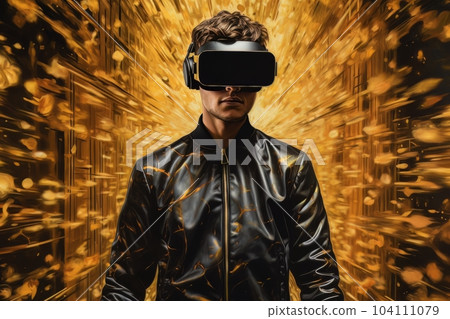 Modern man in a black futuristic costume with golden elements in virtual reality glasses on a golden background AI 104111079
