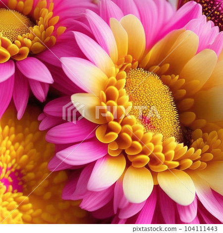 Floral design with exotic pink and yellow flowers macro illustration. 104111443