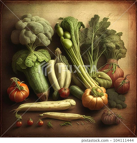 Retro illustration with assortment of summer fresh vegetables in vintage style. 104111444