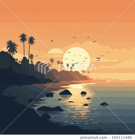 Vector illustration with a simple beautiful seascape with palms, beach and ocean in the background Vector illustration with a simple beautiful seascape with palms, beach and ocean in the background 104111486