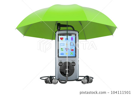 Digital audio player under umbrella, 3D rendering 104111501