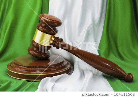Nigerian law and justice concept. Wooden gavel on flag of Nigeria, 3D rendering 104111508