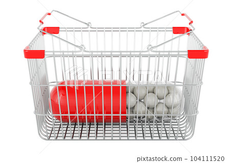Medicament capsules inside shopping basket, 3D rendering 104111520