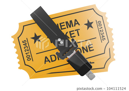 Cinema tickets with safety belt. 3D rendering Cinema tickets with safety belt. 3D rendering 104111524