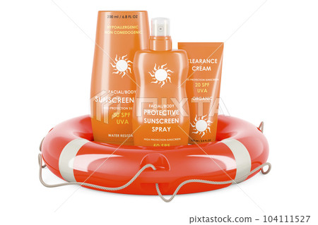 Sunscreen products with lifebelt, SPF protect concept. 3D rendering 104111527