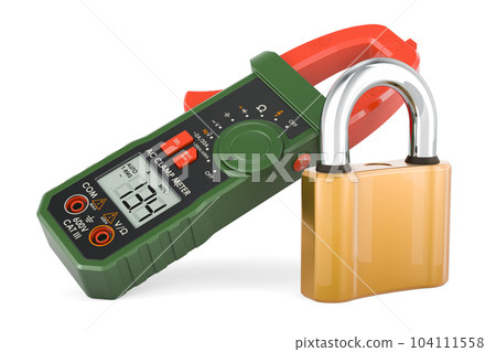 Digital multimeter with padlock. 3D rendering Digital multimeter with padlock. 3D rendering 104111558