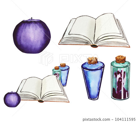 Set of watercolor illustrations for halloween. Composition of a book, candles and potions. Hand drawing for your design Set of watercolor illustrations for halloween. Composition of a book, candles and potions. Hand drawing for your design 104111595
