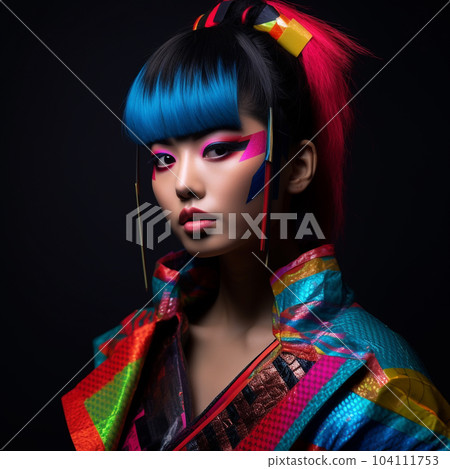 Portrait of a beautiful girl with fantasy colorful make-up and creative hairstyle. Art Fashion Portrait of a beautiful asian woman with bright make-up. AI generated 104111753