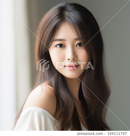 Portrait of beautiful asian woman with professional makeup, asian beauty. Beautiful young asian girl with long hair looking at camera, on gray background. Beauty asian. Skin care concept. AI generated 104111797
