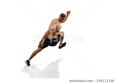 Relief body. Top view image of man, professional runner, athlete in motion against white studio background with shadow on floor 104112186