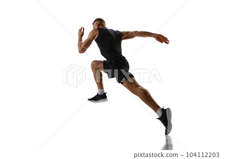 Dynamic image of young man with muscular, strong, fit body, professional runner in motion, training against white studio background 104112203