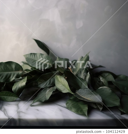 Empty table background with green leaves, botanical product placement background Empty table background with green leaves, botanical product placement background 104112429
