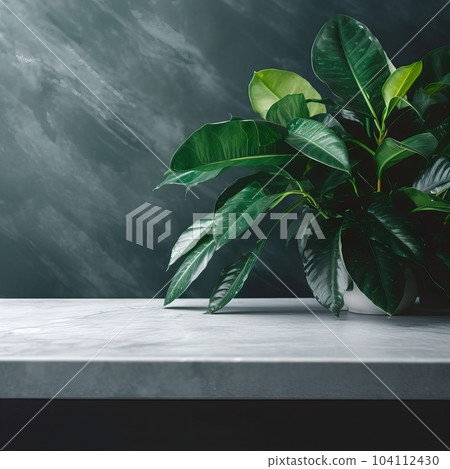 Empty table background with green leaves, botanical product placement background Empty table background with green leaves, botanical product placement background 104112430