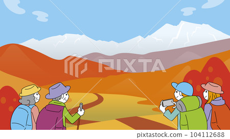 Mountain range with autumn leaves and four climbers Autumn scenery (16:9) 104112688