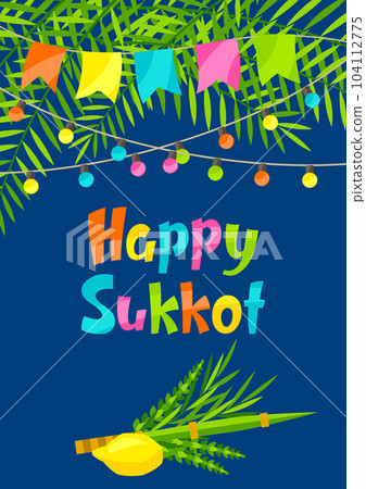 Happy Sukkot greeting card. Holiday background with Jewish festival traditional symbols. Happy Sukkot greeting card. Holiday background with Jewish festival traditional symbols. 104112775