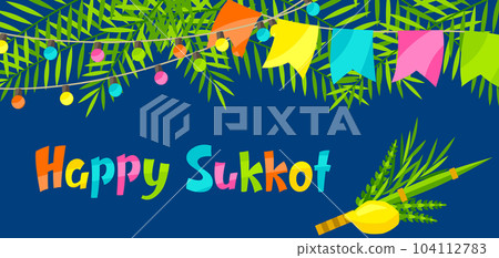 Happy Sukkot greeting card. Holiday background with Jewish festival traditional symbols. 104112783