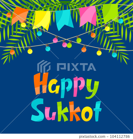 Happy Sukkot greeting card. Holiday background with Jewish festival traditional symbols. 104112786
