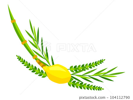 Happy Sukkot symbols. Four species etrog, lulav, willow and myrtle branches. Happy Sukkot symbols. Four species etrog, lulav, willow and myrtle branches. 104112790