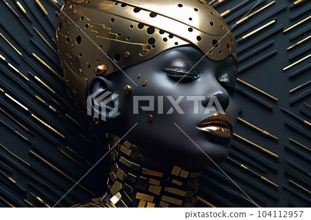 Beautiful portrait of dark skinned woman with golden make up AI 104112957