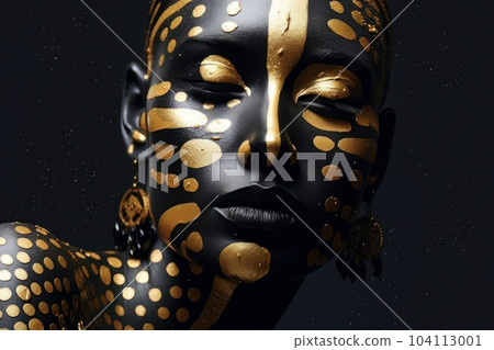 Beautiful portrait of dark skinned woman with golden make up AI 104113001