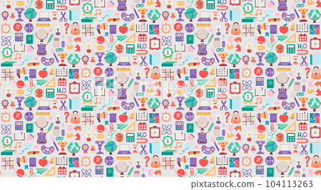Back to school. pattern seamless of stationery for studying at school. education kids accessory. print object stuff design. graphic wallpaper element children study. background vector illustration 104113263