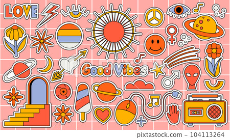 Set of hipster retro cool psychedelic elements. Collection stickers of groovy cliparts from the 70s 60s. Collage with trendy pop vibe with funky design element. Abstract background of cartoon sticker 104113264
