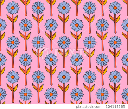 groovy background. Seamless bright repeat pattern of simple blooming flowers in 1970s psychedelic hippie style. graphic decor ornament in retro design. vector illustration 104113265