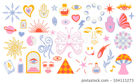Magic background groovy in retro trend style with clipart elements. mystical vector isolated pattern. editable stroke clipart stickers. Esoteric element witchcraft. Collection of occult symbols y2k Magic background groovy in retro trend style with clipart elements. mystical vector isolated pattern. editable stroke clipart stickers. Esoteric element witchcraft. Collection of occult symbols y2k 104113273