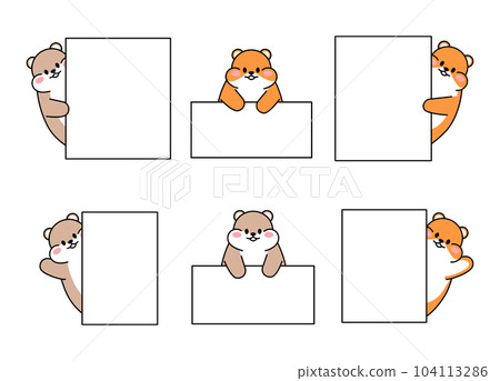 Set of cute drawn hamsters. Kawaii hamster with a frame for text with a note divider. Collection of avatars mascots funny character animal stickers isolated on white. Vector stock illustration. 104113286